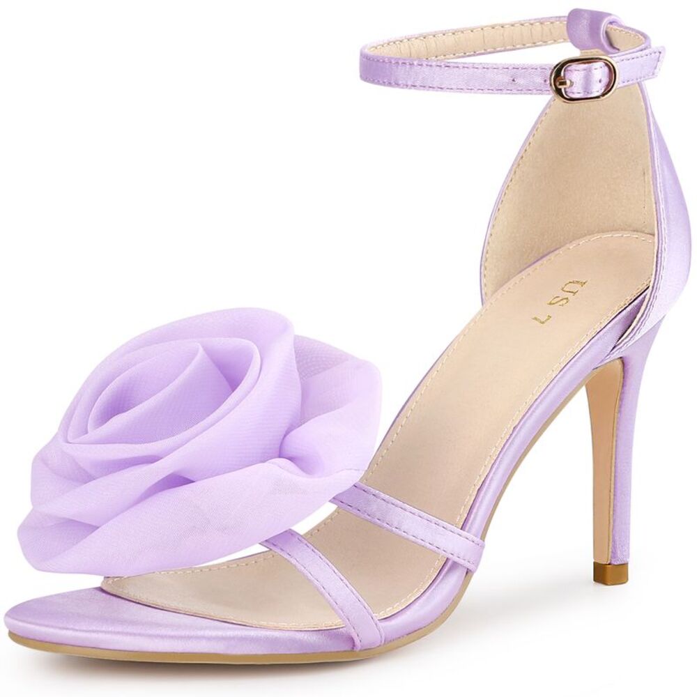 Flower Satin Sandal Ankle Strap Stiletto Heel Flowers Sandals Lilac